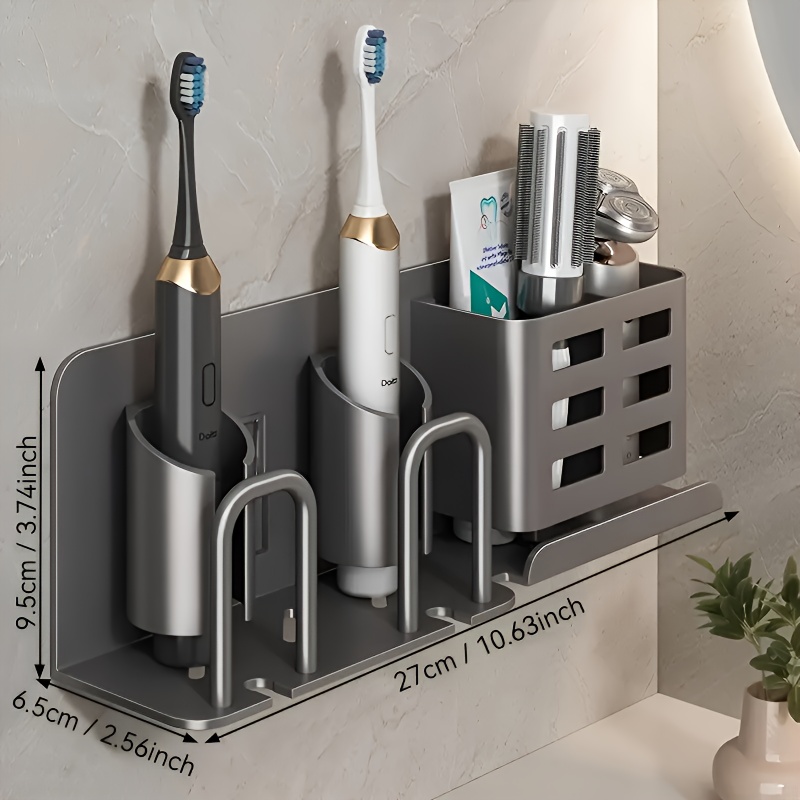 E-shop Wandmontierter Badezimmerorganizer ohne Bohren - Aluminium-Zahnbürstenhalter mit mehreren Fächern für elektrische Zahnbürsten, Zahnpasta,