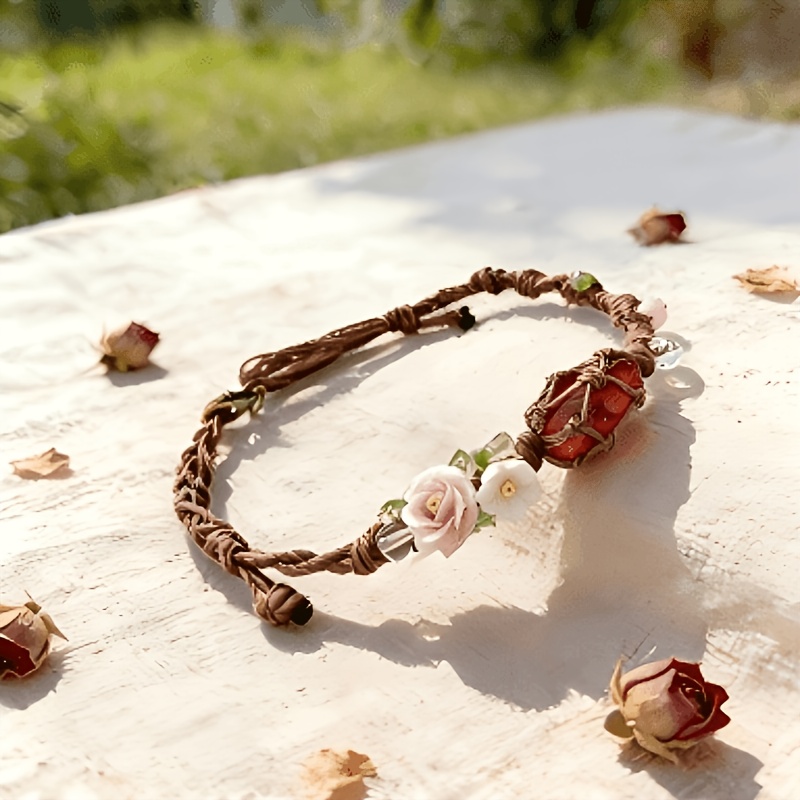 Red Crystal Flower Pendant Boho Bracelet