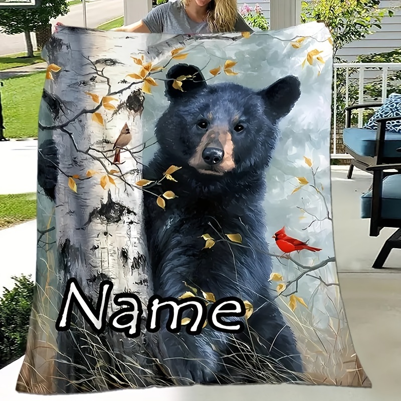 

Custom Text Black Bear Flannel Throw Blanket - Personalized, Print For Couch, Bed, Travel, Camping, Living Room, Office - Machine Washable,