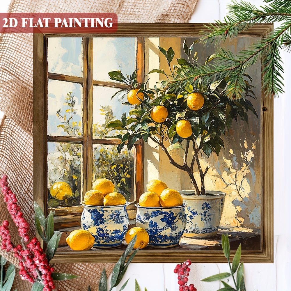 TEMU 2d Flat, 1pc, Farmhouse Tree Landscape Wooden Sign, With Framed Spring/summer Lemon Decorative Sign For Home Kitchen, Garage, Office, Ideal Gift