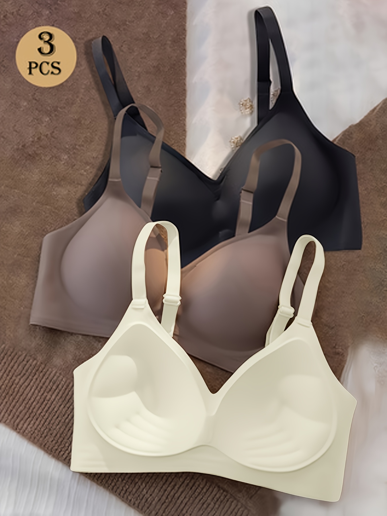 3pcs womens push up bras with palm support seamless t shirt bras medium support lift with soft strap details black and beige for daily casual wear adjustable strap push up bras comfortable underwear smooth bra design hand washable