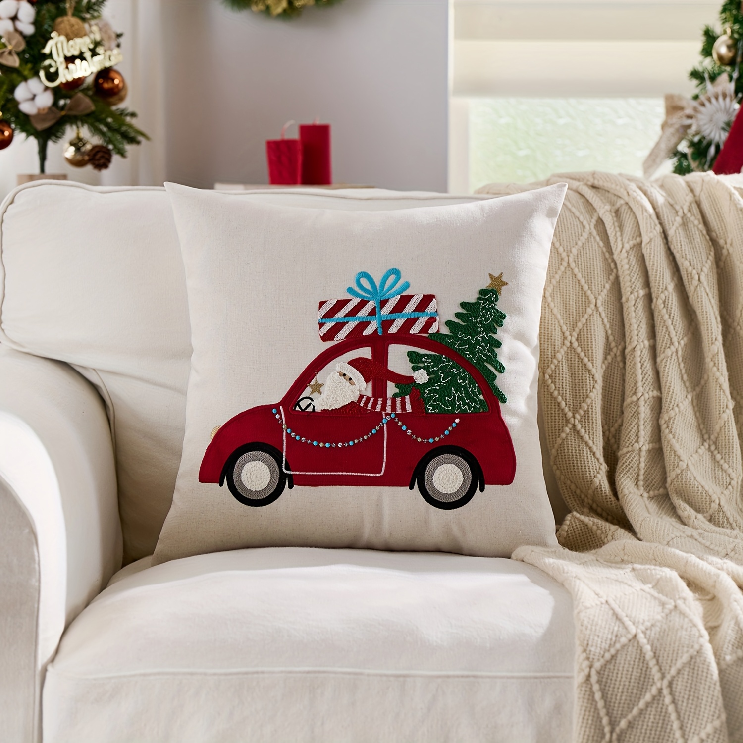 TEMU 1 pz, Natalizia in Lino , Fodere per Cuscini Decorativi con Auto e Albero di Natale, su un Solo , Adatta per , Soggiorno, Camera da Letto,