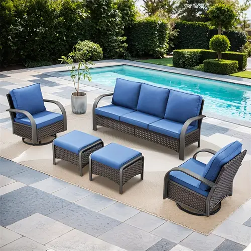 5 piece patio conversation sofa with swivel rocker chairs ottomans set