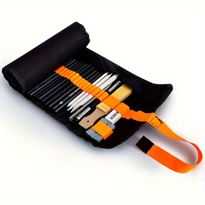 27pcs sketch pencils set sketching kit roll up canvas wrap bag drawing art supplies charcoals kneaded eraser pencil case details 7