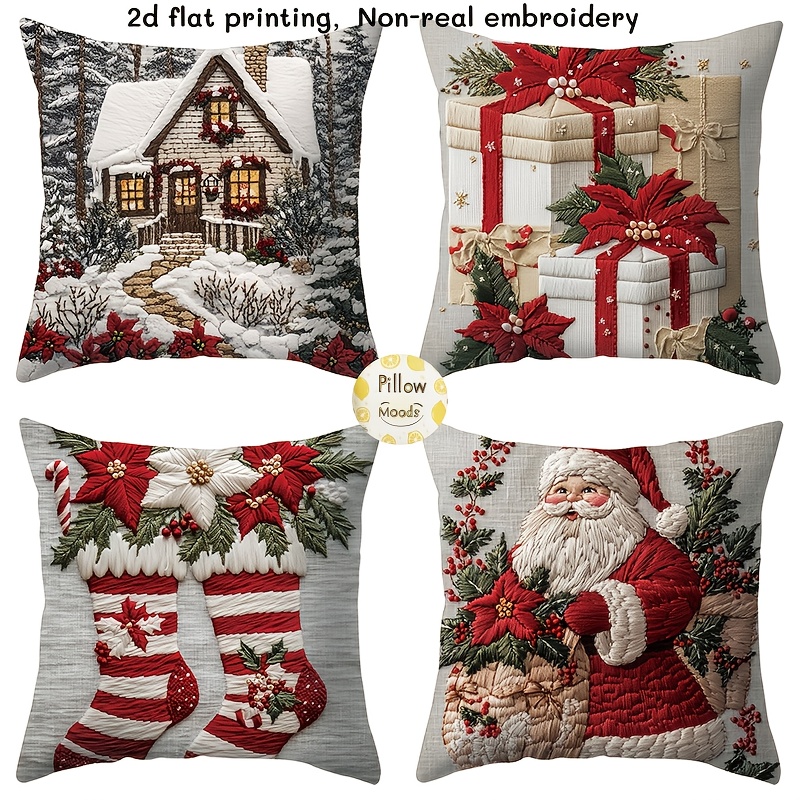 TEMU Ensemble de 4 housses de coussin imprimées en 2D. Broderie non réelle. Housse de coussin traditionnelle de Noël : Maison enneigée brodée, boîtes