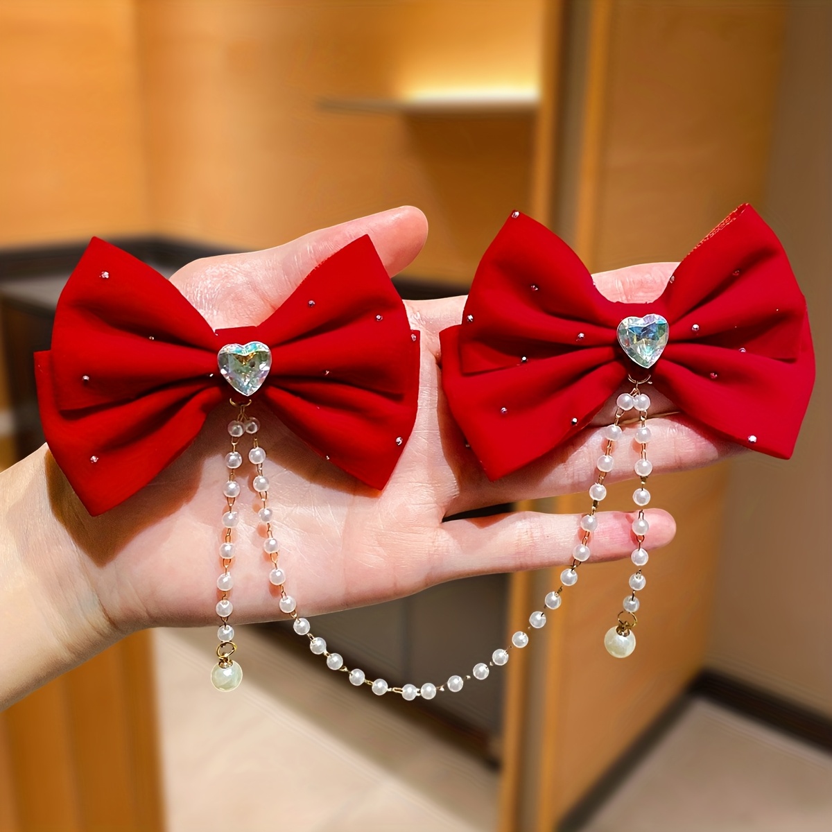 TEMU 2pcs Women's Red Bow Hair Clips With Heart-shaped Rhinestone And Decorations, Suitable As Hair Accessory Gifts For, Exquisite And Clips