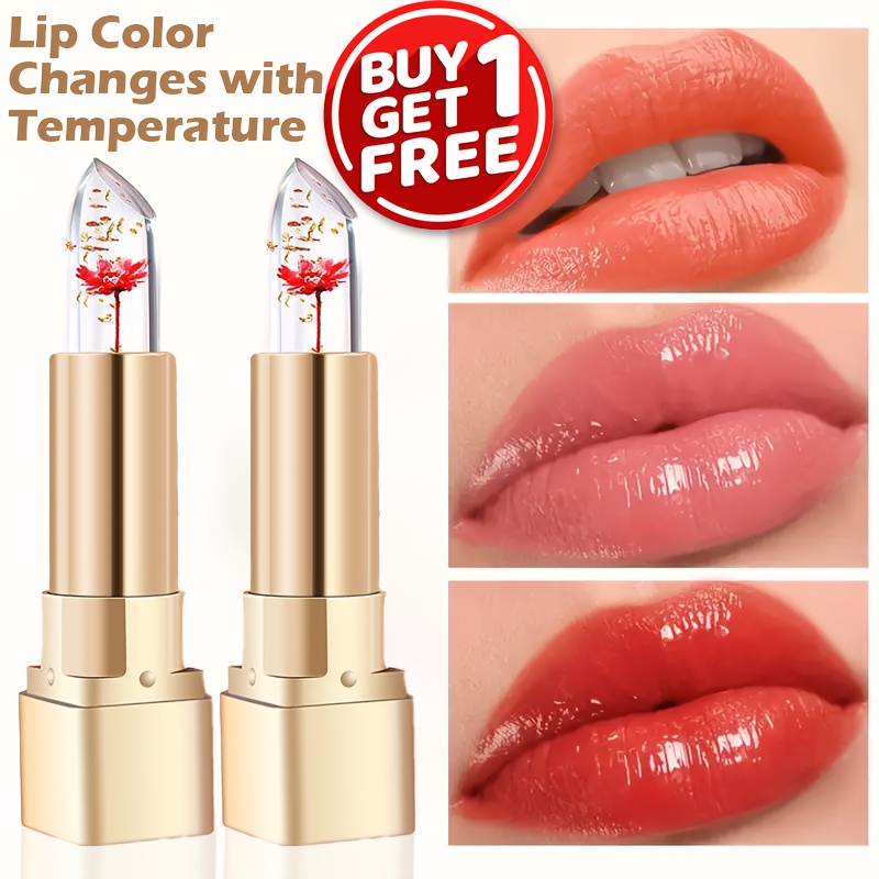 Image of 2pcs , Flower-shaped Gel Lipstick - Magic Temperature-changing Lipstick, Long-lasting Nourishing Lip Balm, Moisturizing Lip Glaze Suitable For All Light Beige , Ideal Gift For Adults