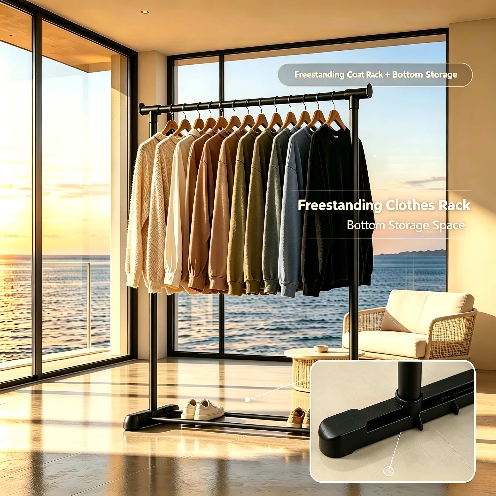 TEMU Freestanding Metal Garment Rack, Heavy Duty Clothes Hanging Rack With Dual Bottom Shoe Storage Tubes, Clothing Organizer For Bedroom Entryway