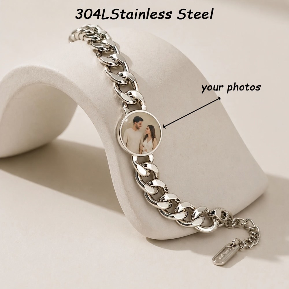 TEMU Bracelet Photo Personnalisé – Bracelet Photo Personnalisé pour Couple, Cadeau de Bijoux Commémoratifs, Bracelet en Acier Inoxydable 304L 304L
