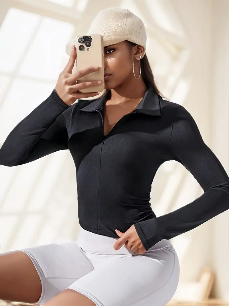 Half Zip Long Sleeves Slim Fit Yoga Top, V-neck Running Fitness Workout  Tops, Women's Activewear