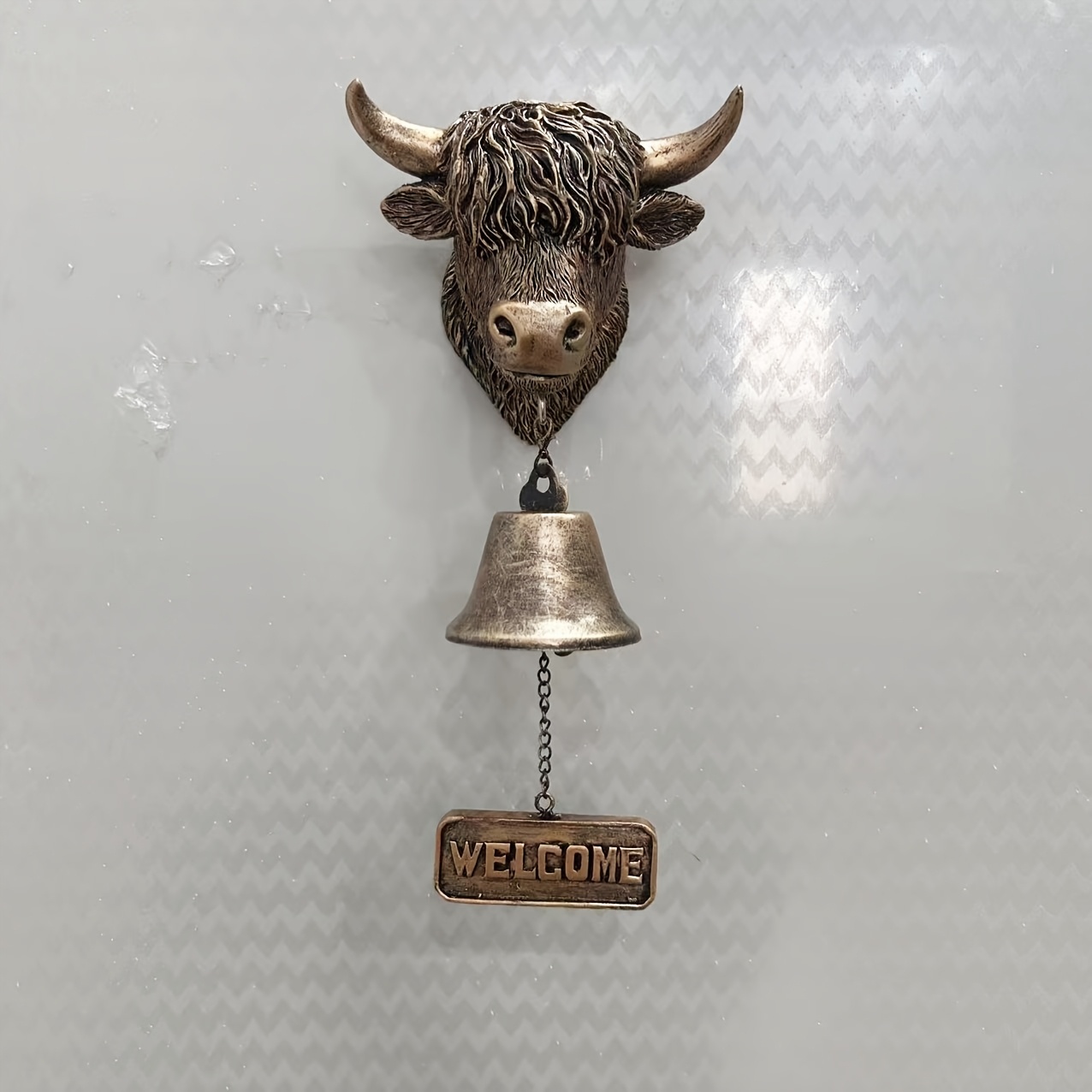 TEMU Handmade Highland Cow Welcome Bell - Bohemian Scottish Cow Doorbell With Resin Frame & Ringing Sound, Rustic Wall-mounted Hanging Bell Suitable