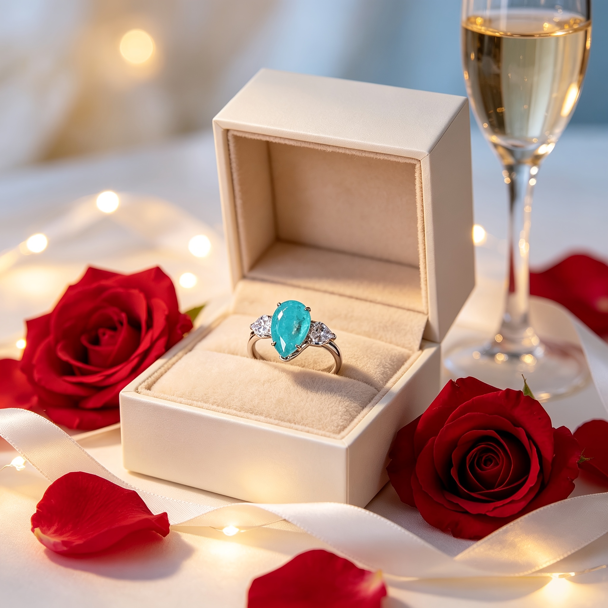 Women's Teardrop Blue-Green Gemstone Ring in Silvery Setting