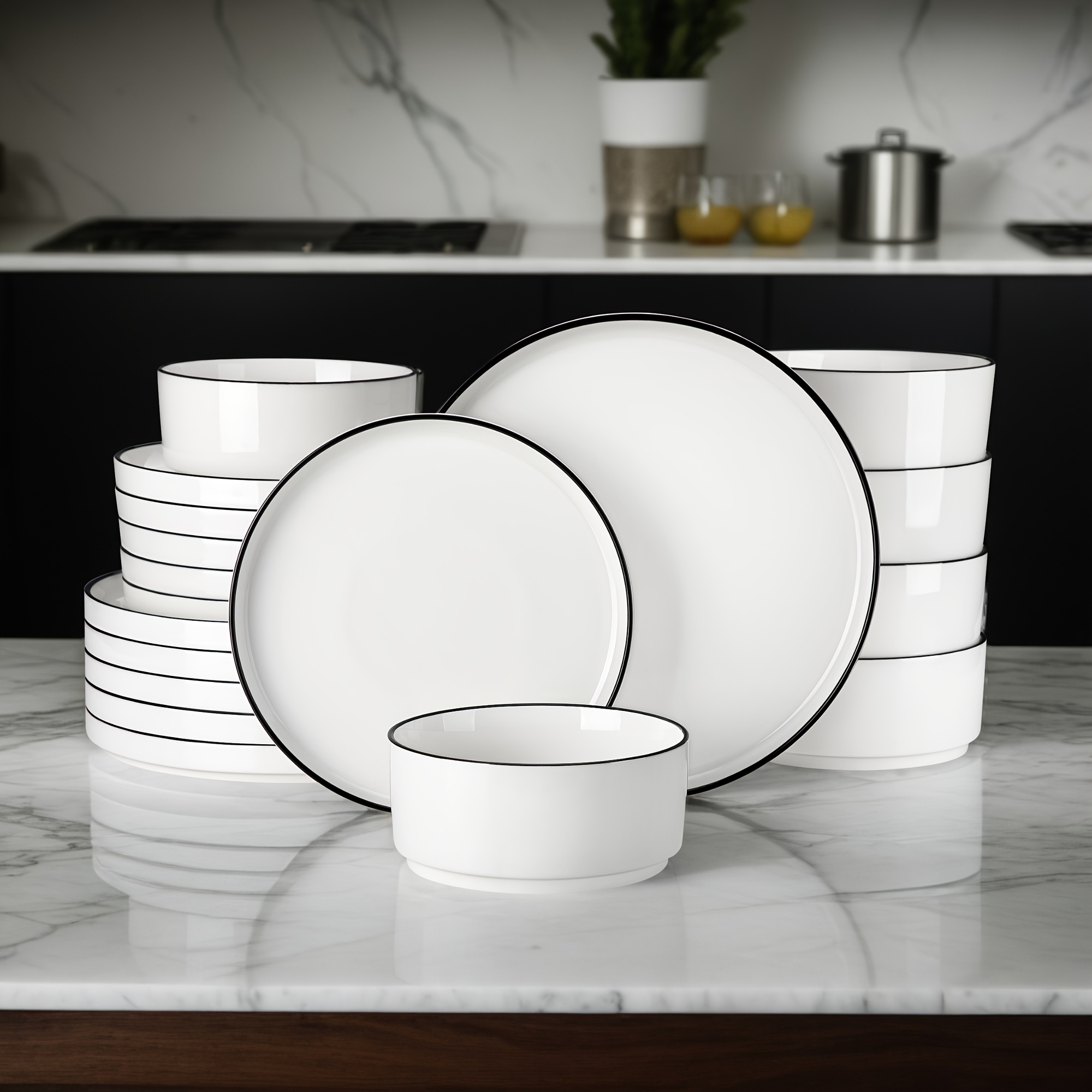 TEMU 18pcs Dinner Sets For 6 People, 18pcs Dinnerware Set, Plates And Bowls Set, Dinner Plates, Salad Plates, Cereal Bowls, White With Black Rim