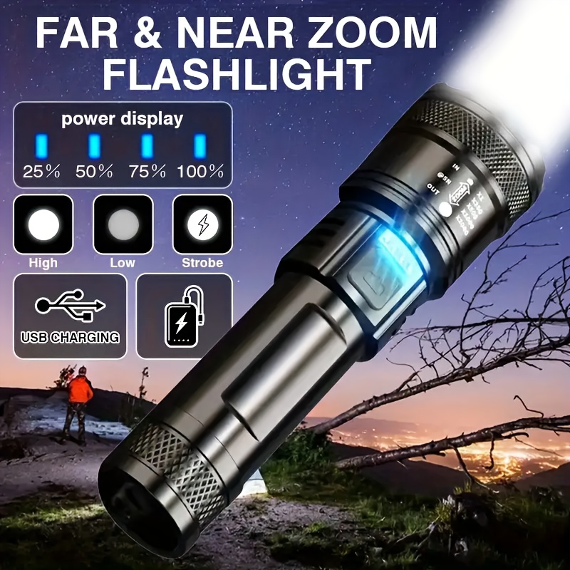

Lampe torche rechargeable puissante à LED XHP50, avec batterie intégrée, éclairage super lumineux et zoomable pour le camping
