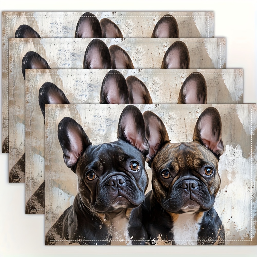 

4pcs French Bulldog Placemats, 100% Linen Woven Square Table Mats, Fashion Print , 12x18 Inch, Hand Wash Only, With Dining Table Decor For Kitchen, Party, Home