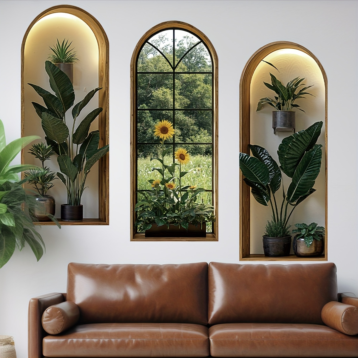3pcs Set, Arched False Window With Realistic Effect And Tropical Plant Wall Stickers, Self-adhesive, Suitable For Living Room, Bedroom, Study, Bathroom Background Wall Decoration
