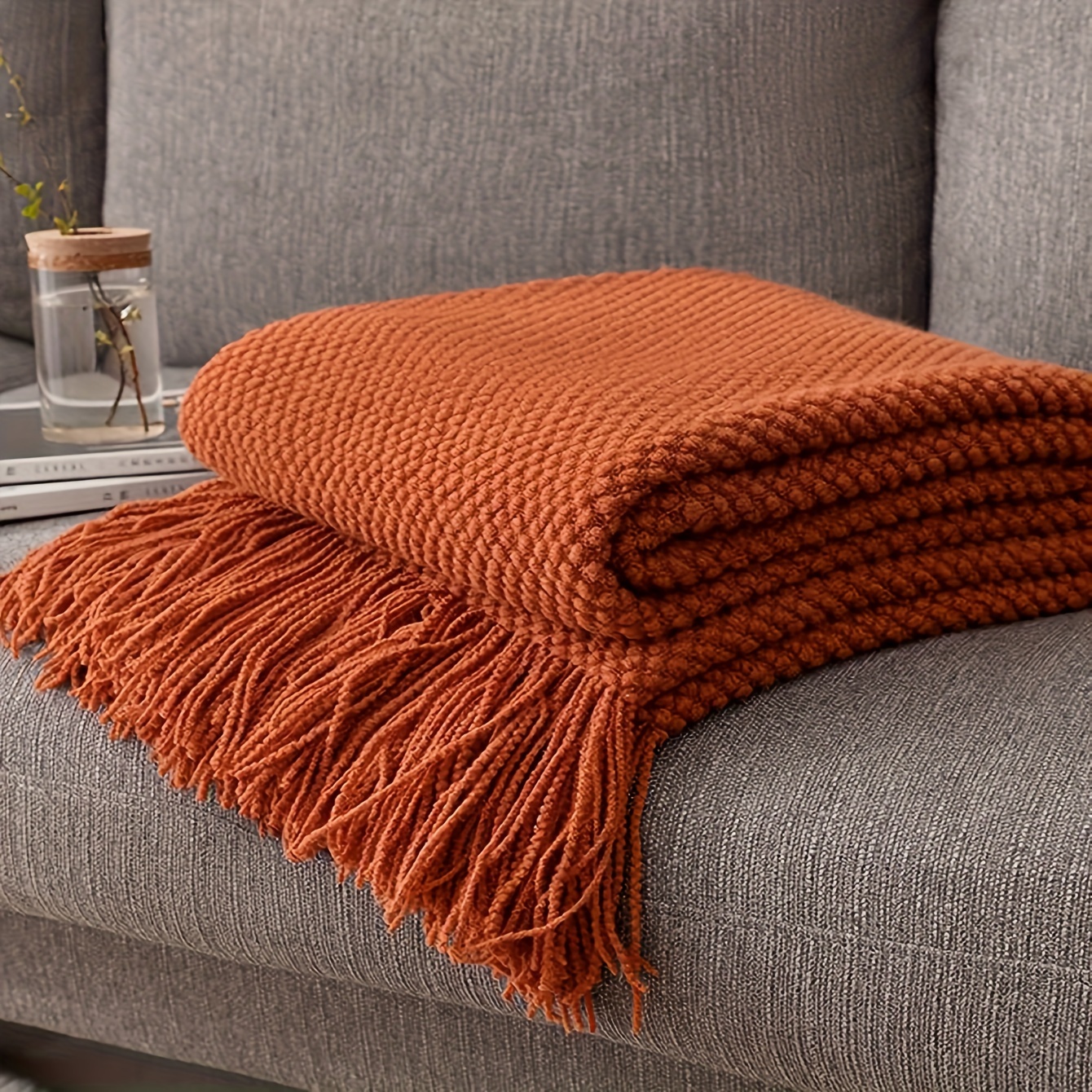 

1pc Morandi Orange Tassel Knitted Blanket, Soft Warm Throw Blanket Nap Blanket For Couch Sofa Office Bed Camping Travelling