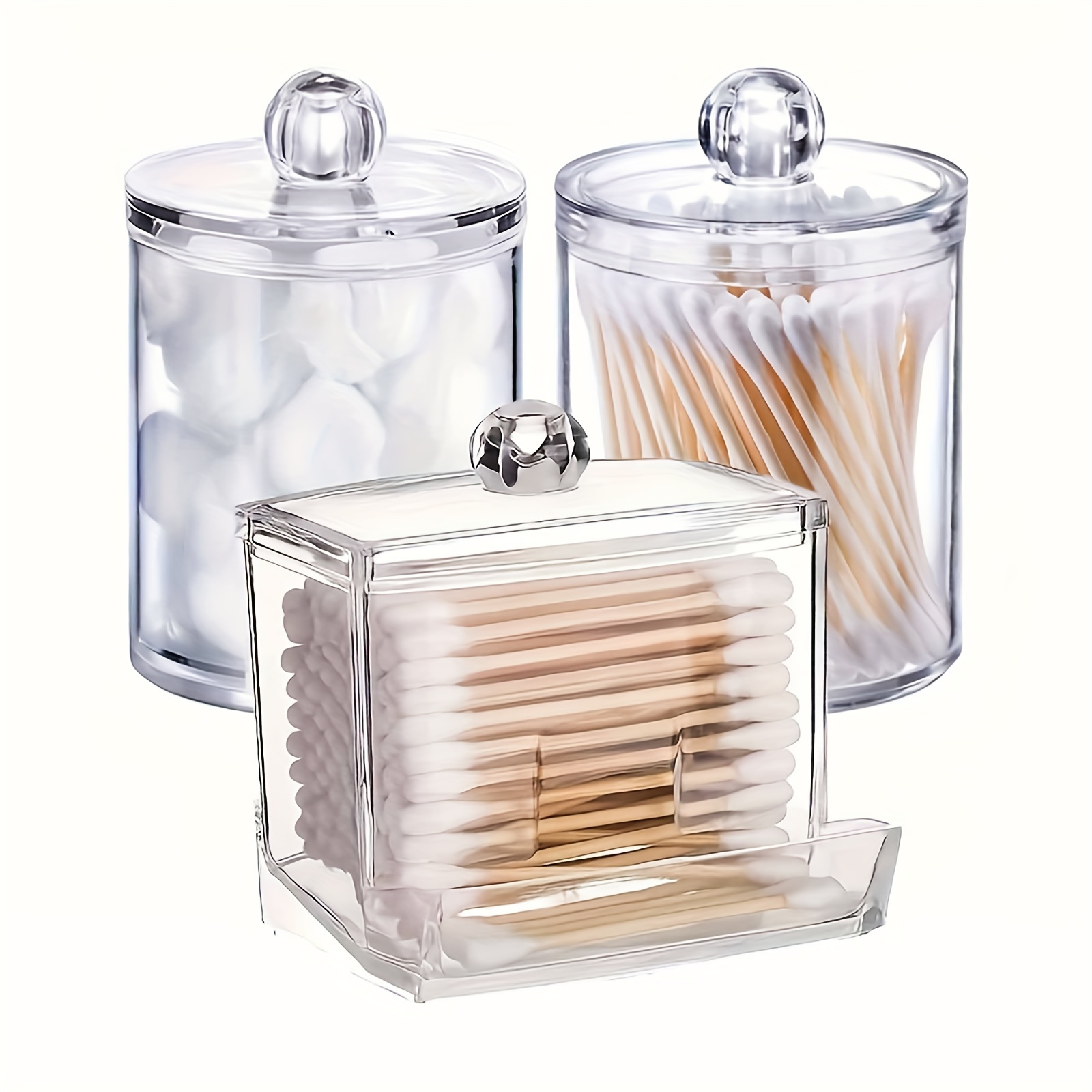 

3-piece Acrylic Dispenser Jars With Brackets - Clear Plastic Storage Containers For Cotton Balls, Swabs & Rounds - Perfect For Bathroom Organization