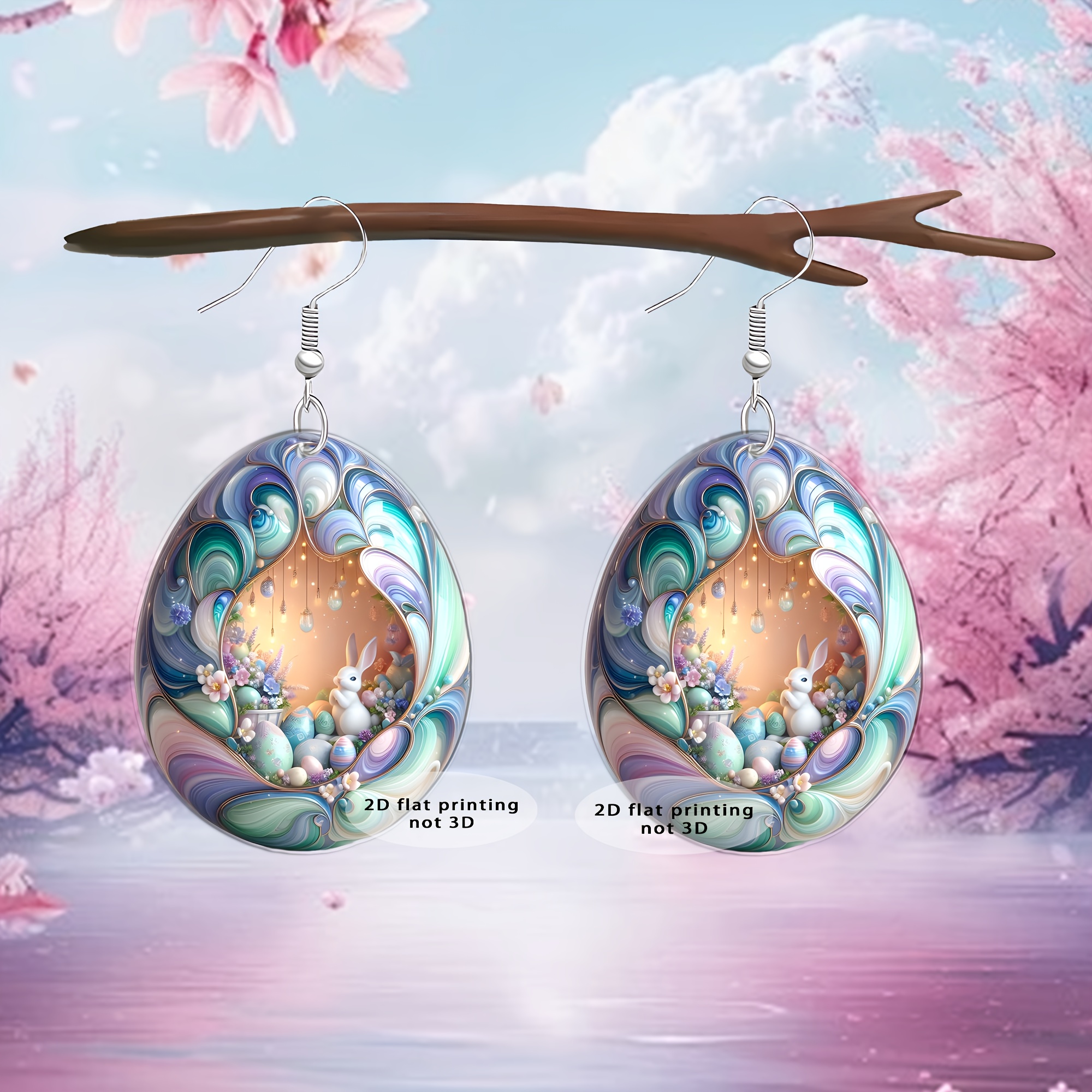 

Elegant Bunny And Easter Egg 2d Pendant Earrings - Acrylic, Alloy Posts, Perfect Gift For Valentine's Day, Day, Easter - White, Holiday Theme, Best Gift