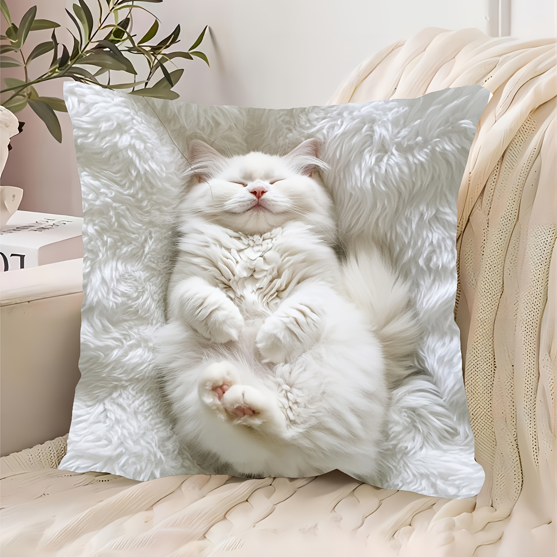 TEMU 1pc Vintage Geometric Cat Pillow Cover Suitable For Home, Office, Car - 18x18 Inch Soft Polyester Case With Zipper Closure, Neutral Retro