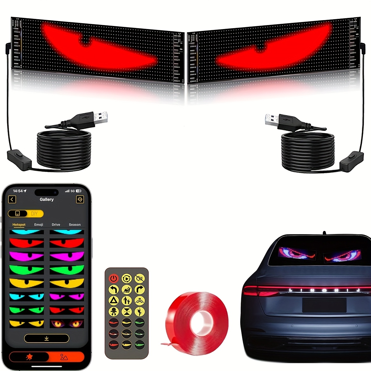 SOONHUA Lot De 2 Yeux De Diable Pour Voitures, Affichage LED, Programmable, Personnalisable, Avec Application à Distance/Bluetooth, Commande à Faire Soi -même, Texte, Motifs, Animations, 120 * 595mm