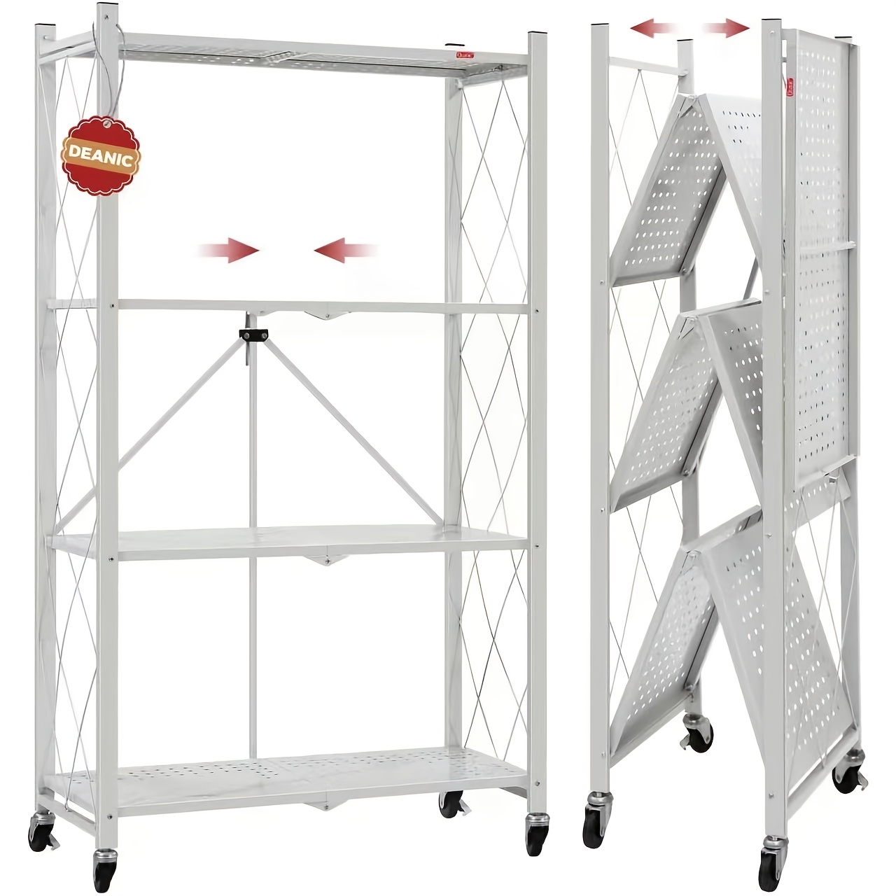 Image of 4 Tier Foldable Storage Shelves With Wheels, Large Capacity Shelving Unit, Freestanding Metal Wire Shelf Rack, No Assembly Organizer Rack For , Basement, Pantry (), Standing Shelf, Standing Shelf