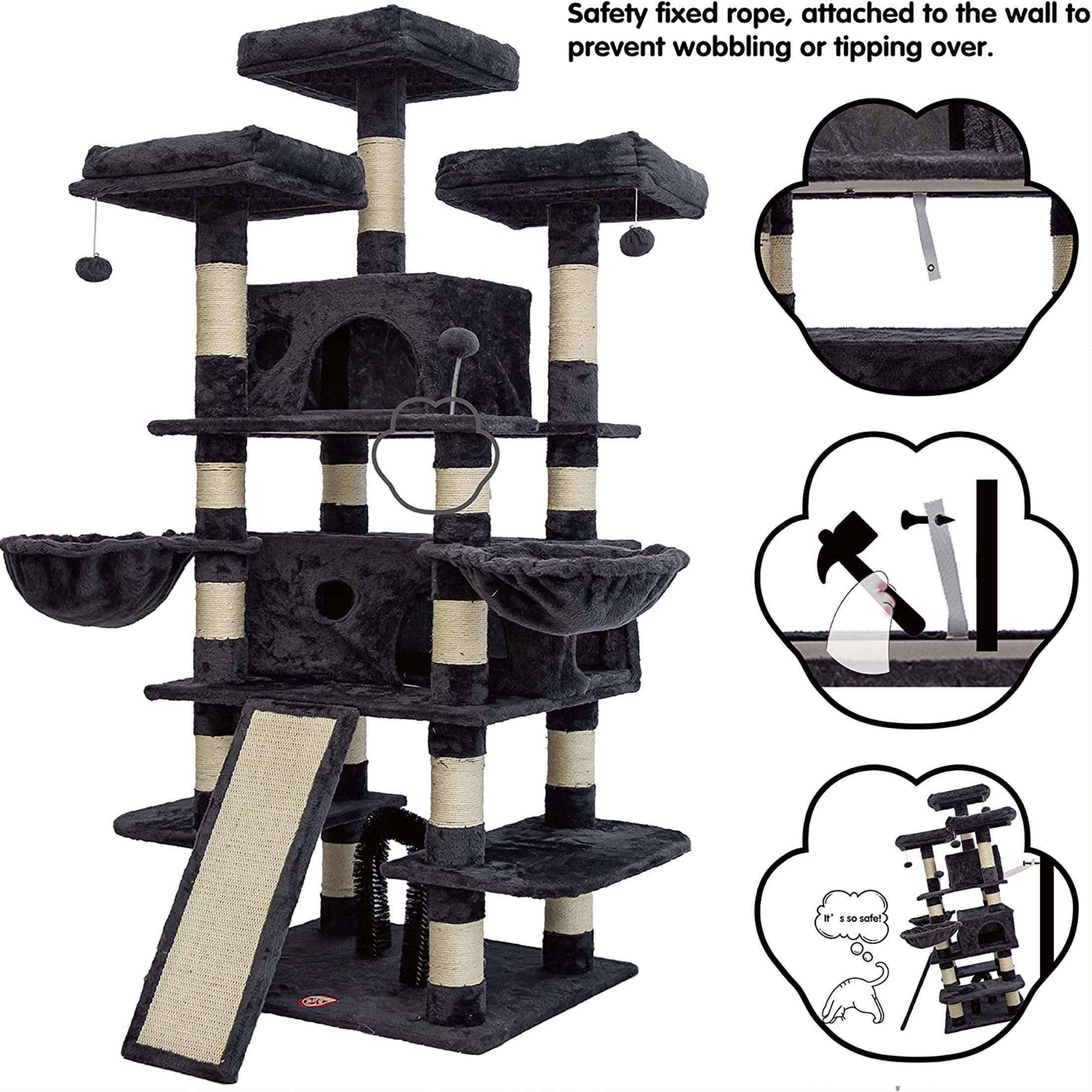 68 inches   level cat tree tall multi cats tower with 2 big cat condo cat hair brush large cat tree with 3 plush perches scratching posts for kittens smokey grey details 7