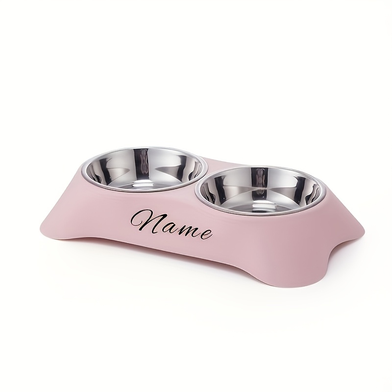 TEMU Customizable Stainless Steel Dual Pet Bowls With Non-slip Base - Easy-to-clean Pp And Steel Feeding Station, Personalized Name/text, Durable And