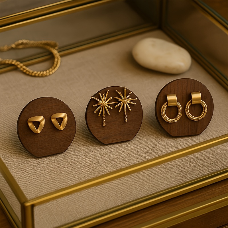 Image of 3pcs Wooden Earring Display Stand Set | Round Jewelry Tray For Specialty Store And Home Decor, Tabletop Jewelry Display Rack, No Electricity Needed, Jewelry Towers