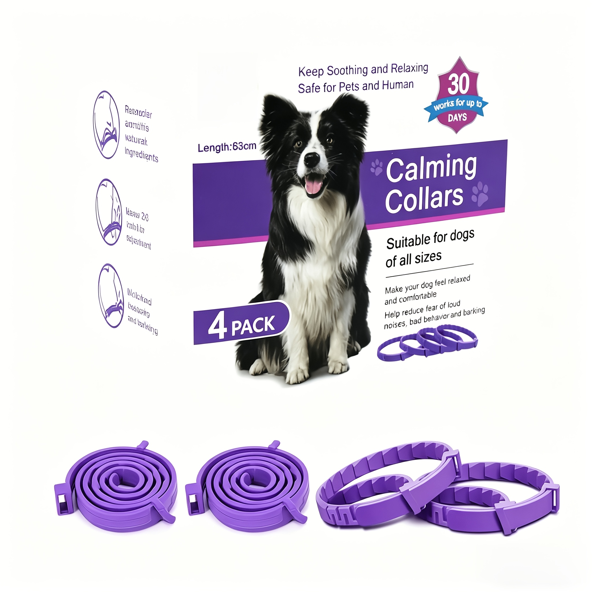4pcs Pet Purple Calming Collar - Highly Effective Pheromone for Anxiety Relief, Adjustable, Suitable for Small, Medium, And Large Cats