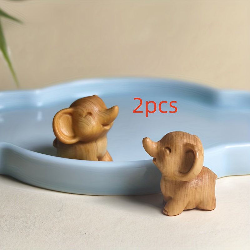 Image of 2pcs Set Of Hand-carved Wooden Elephant Figurines - Suitable For Christmas And New Year Holiday Decorations