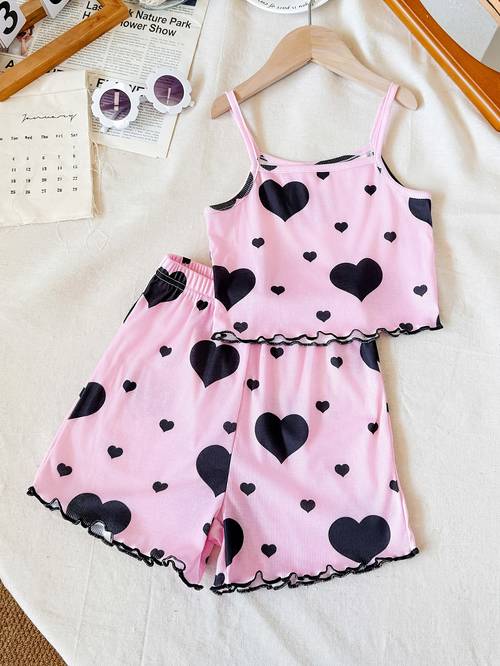2 pc cute casual ribbed tank top and pleated shorts set for girls heart print summer outfit for outdoor