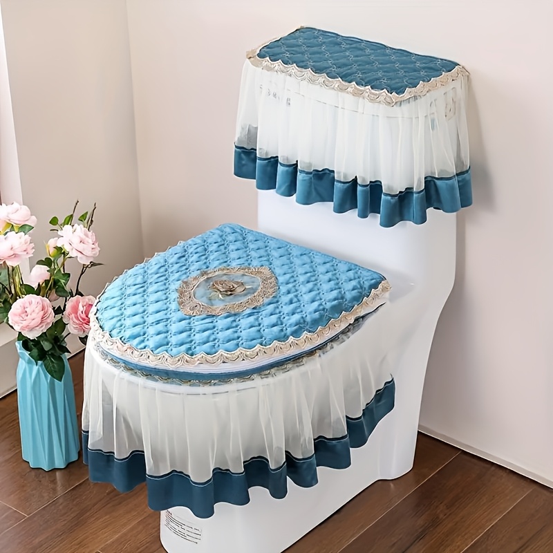 Lot De 3 Housses Toilette En Dentelle Beige - Siège Et Réservoir - Motif Floral Brodé - Lavable, Fermeture éclair