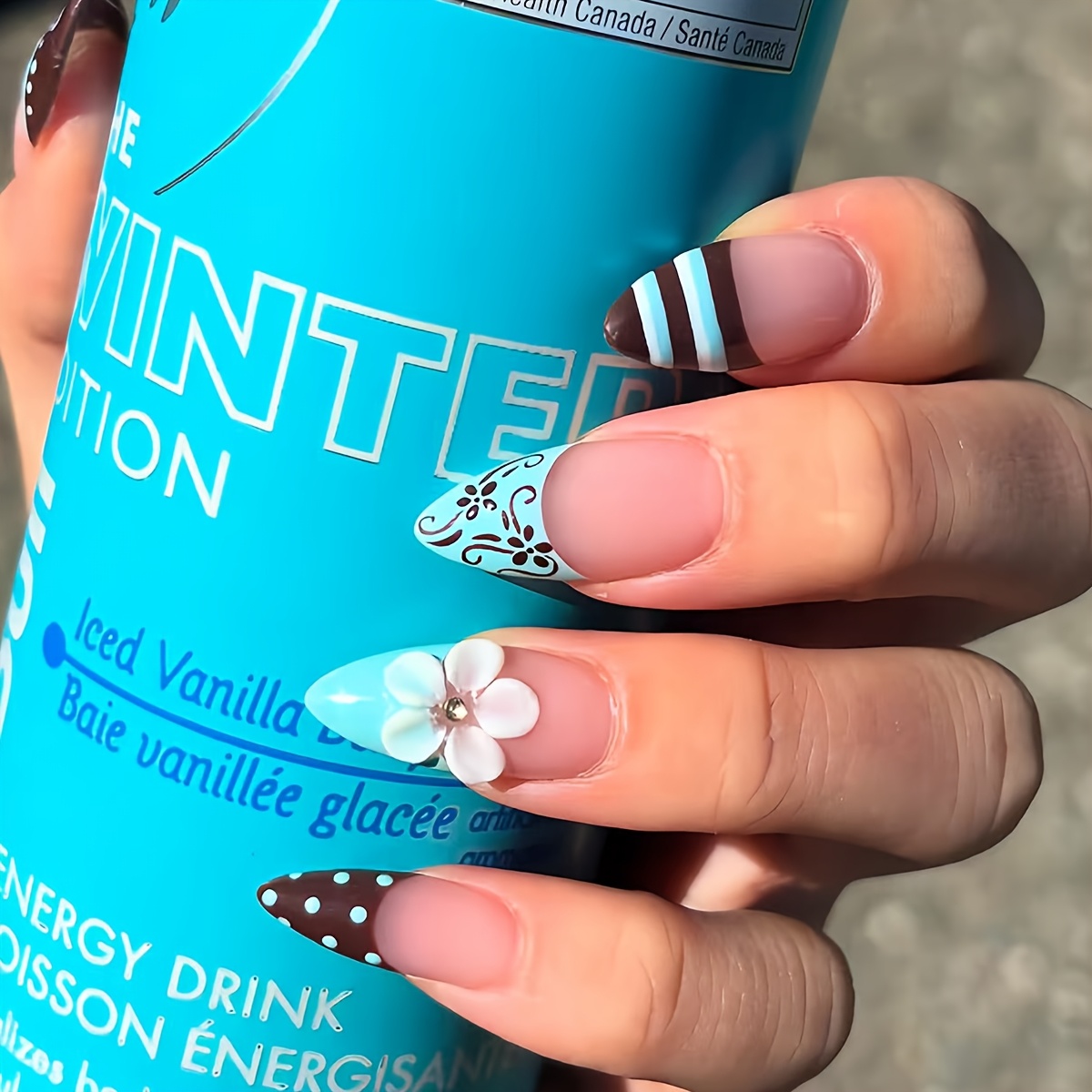 TEMU 24pcs Almond-shaped Press On Nails Suitable For Women & - -brown 3d Floral Fake Nails With Polka Dots, Vine Patterns, Stripes, Medium Length