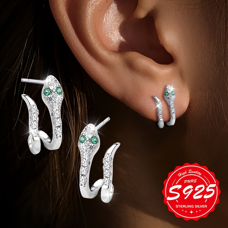 Image of Pair Of S925 Sterling Silvery Snake-shaped Earrings For Women With , Style, Unisex Design Suitable For Music Festivals And Parties, Hypoallergenic, Perfect As A Gift