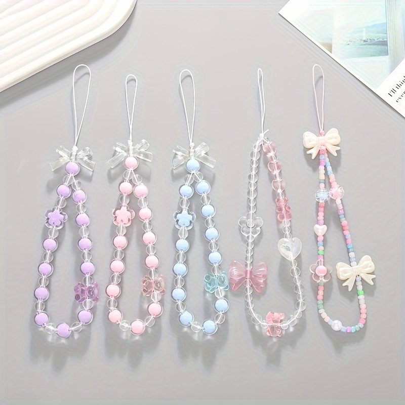 

Pastel Beaded Phone Lanyard, /8.27in, Cute Bow Accents, Anti-drop Wrist Strap, Short Mobile Phone Charm, Lightweight Handmade Girls' Accessory