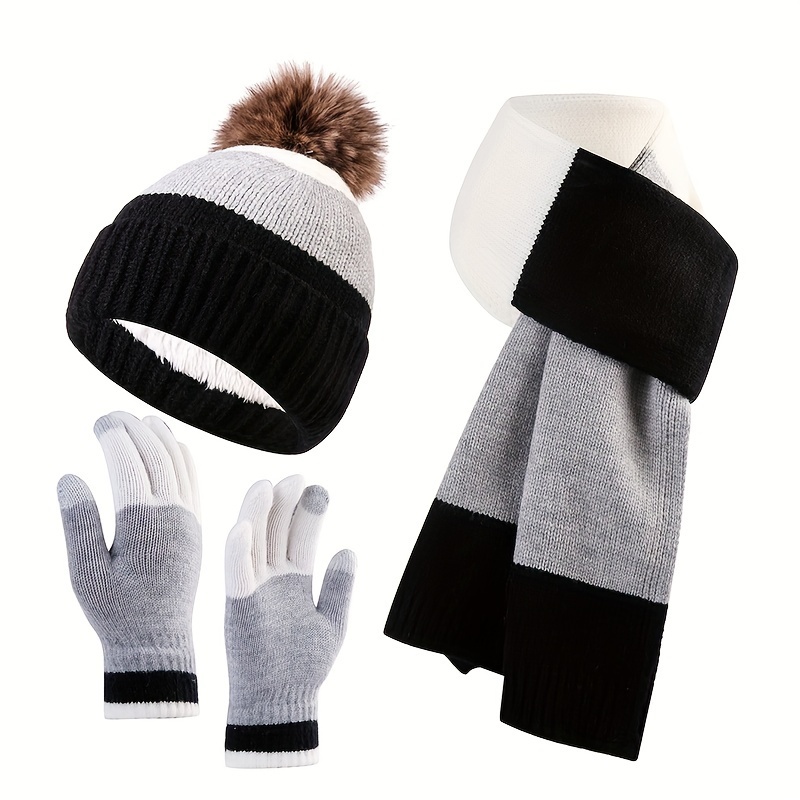 

3pcs Color Block Knitted Hat Scarf Gloves Combination, Winter Thick Warm Set, Perfect For Outdoor Activities And Daily Use