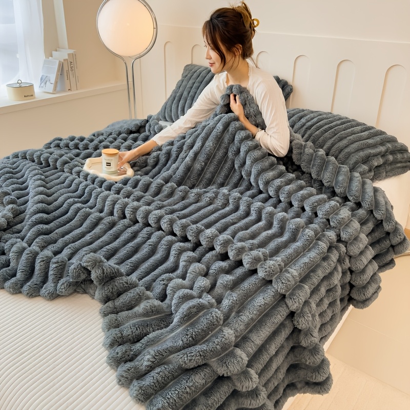 ultra soft   rabbit fur throw blanket cozy thick striped plush for     couch bed and hotel   christmas present details 2