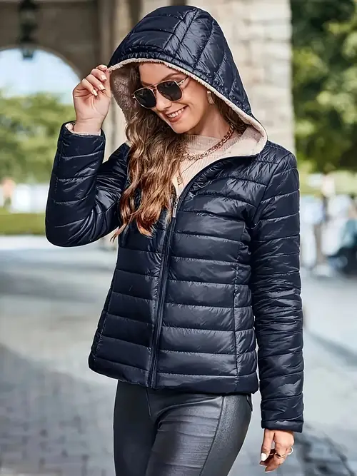 우아한 여성용 후드 퍼퍼 재킷 - 단색, 긴팔, 가을 & 겨울용 따뜻한 플리스 안감 아우터웨어