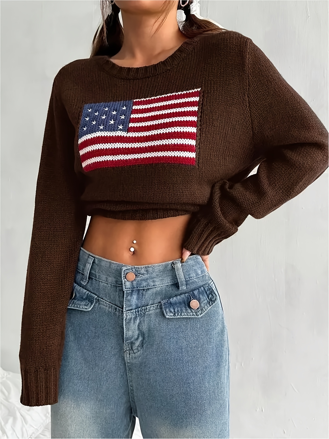 Women's American Flag Knit Top | 4th Of July Patriotic Short Sleeve Sweater - Cotton Blend