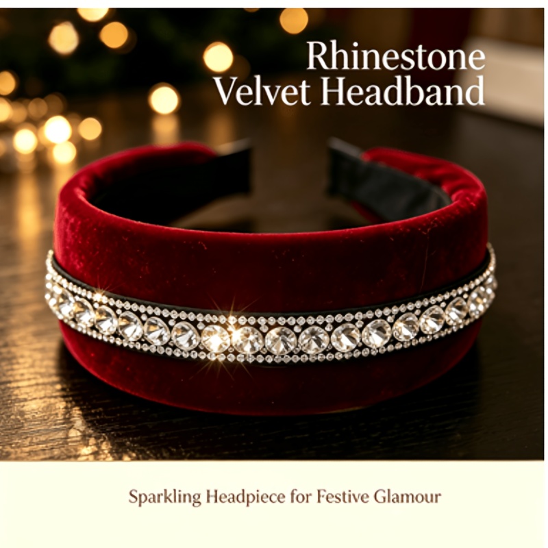TEMU New Autumn/winter Wine Red Velvet Rhinestone Headband For Women, High-end Light Luxury Wide-band Headpiece For Evening Parties And Christmas