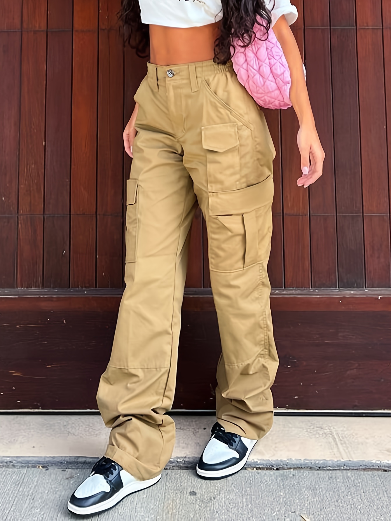 Wesaynb Y2k Solid Cargo Straight Pants For Women Hipster Pockets