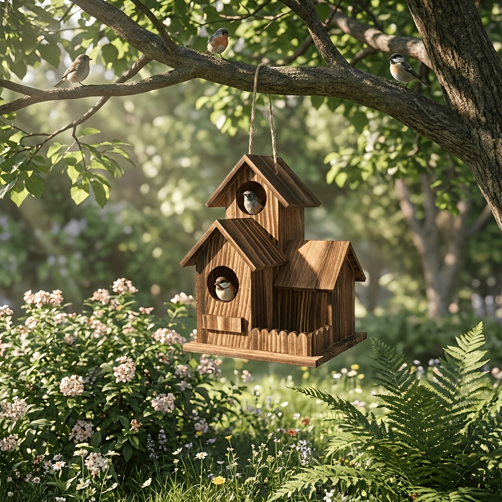 TEMU Large Outdoor 3-hole Birdhouse Suitable For , , And ; Modern Hanging Bird Feeder And Nesting Box; Wooden Structure; Shelter For ; Garden Decor;