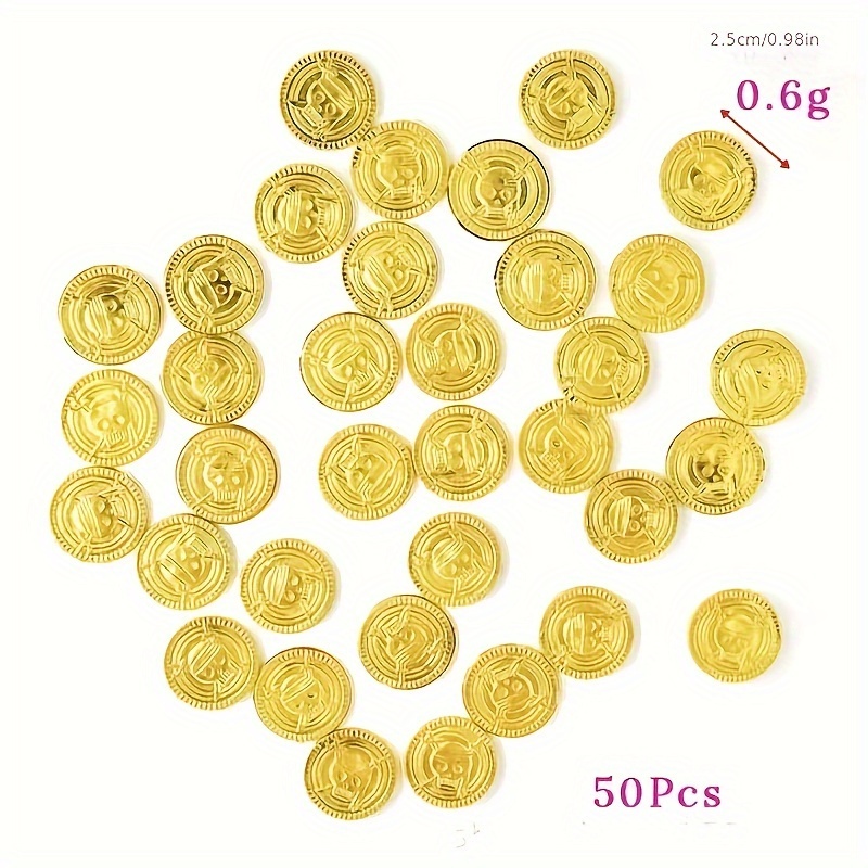 TEMU 50/100pcs Plastic Pirate Halloween Birthday Party Decorations - Fake Treasure Party Supplies With Intricate Pirate Ship & Designs