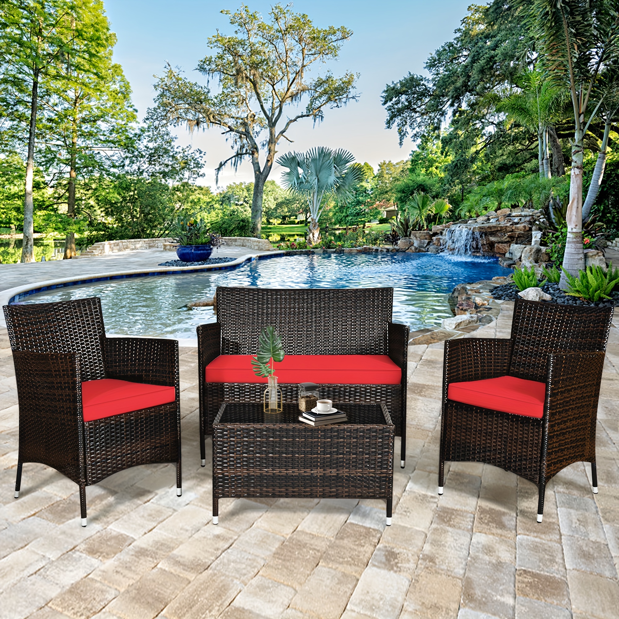 TEMU 4pcs Patio Rattan Conversation Furniture Set Outdoor W/ Red Cushion