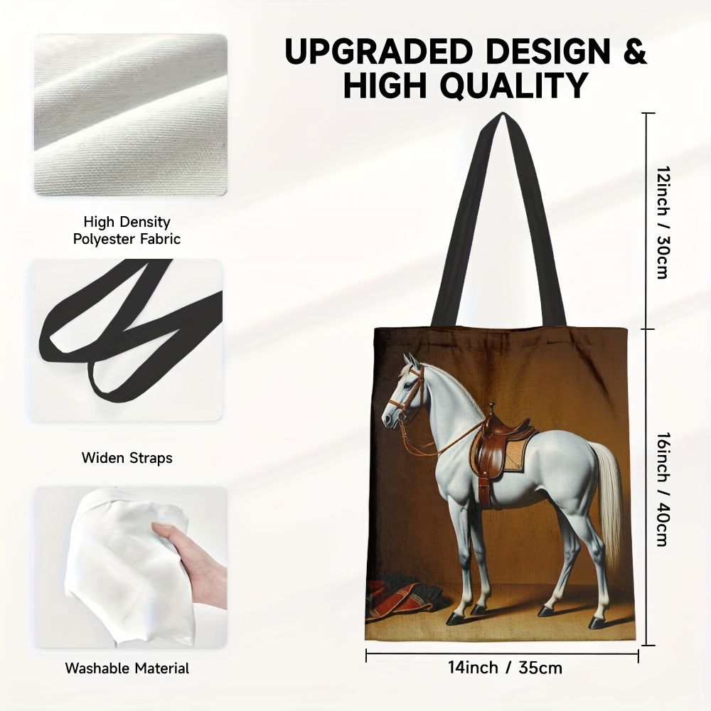 TEMU 1pc, Canvas Tote Bag, Aesthetic Horse Art Design Shoulder Bag, Shoulder Bag, For Women, Suitable For School, Grocery, Beach, Shopping, Travel