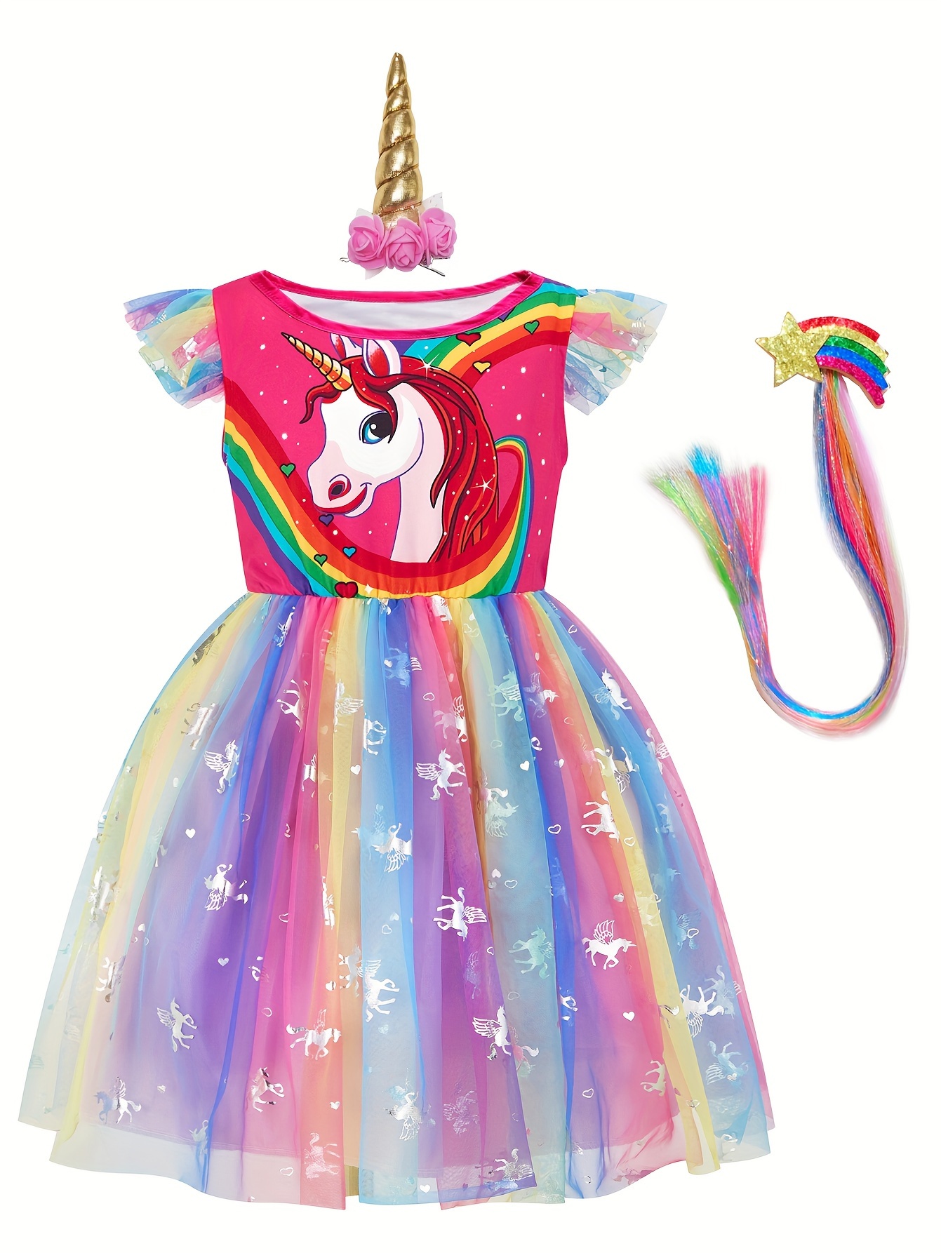 Vestido de princesa unicornio, para niñas pequeñas, disfraz, joyas y diadema