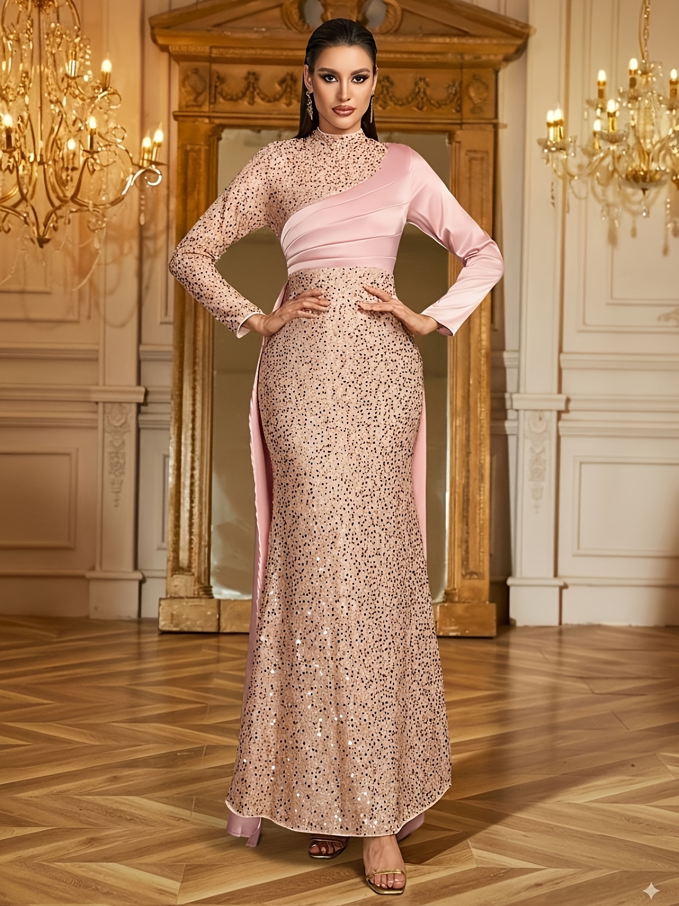 rose gold satin dress long sleeve A Line Rose Gold Sequin Bridesmaid Dresses Long Glitter Wedding Guest Dress US0 / Custom Color main image 1