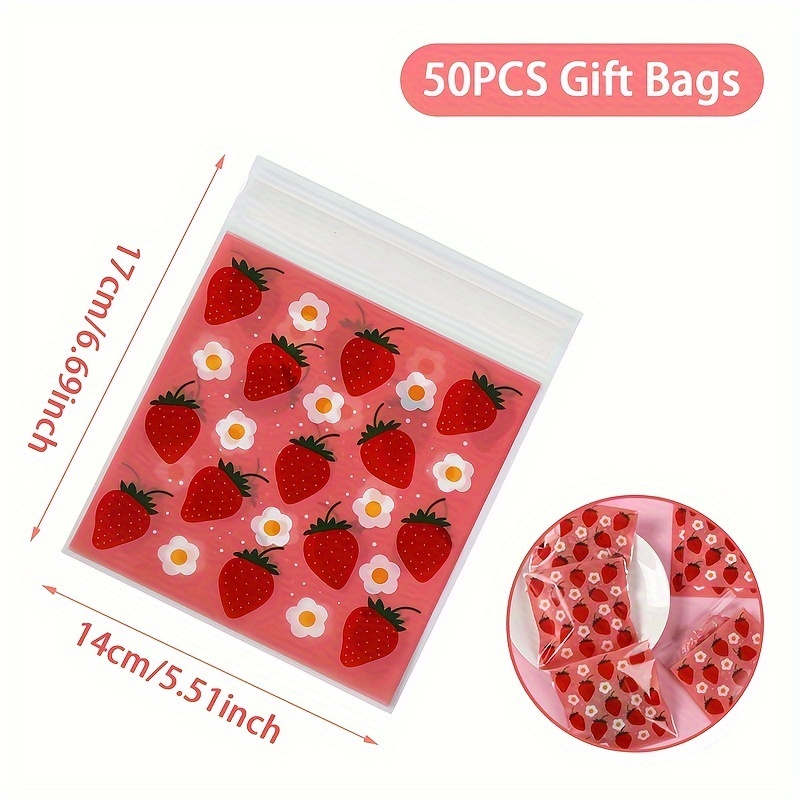 TEMU Lot de 50 sacs auto-scellants à motif fraise et marguerite, convient pour les décorations de fête à thème fruits pour anniversaire, baby shower,
