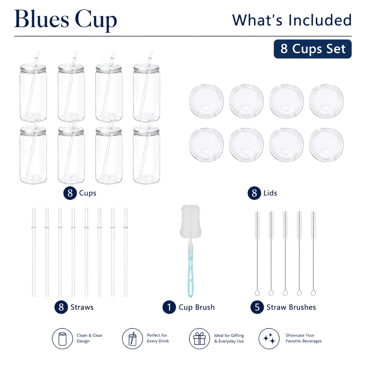 Image of 8 Pack 470ml Clear Plastic Cups With Lids, Straws And Brushes, Reusable Portable Tumblers For Outdoor Sports Camping Party Office Daily Use, Great For Halloween Thanksgiving